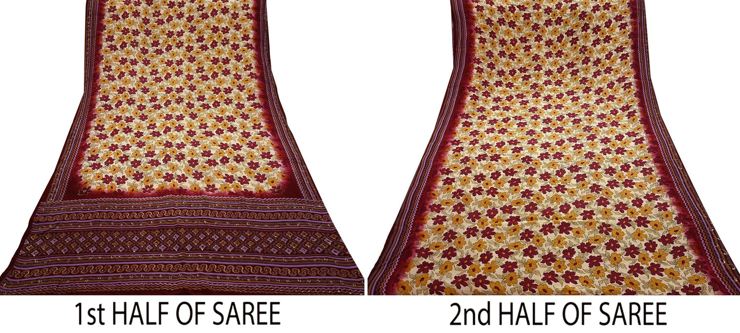 Indian Vintage Sari Maroon & Beige Pure Crepe Silk Hand Painted Saree 5yd Sewing Floral Craft Fabric Wrap Dress Making Quilting Crafting