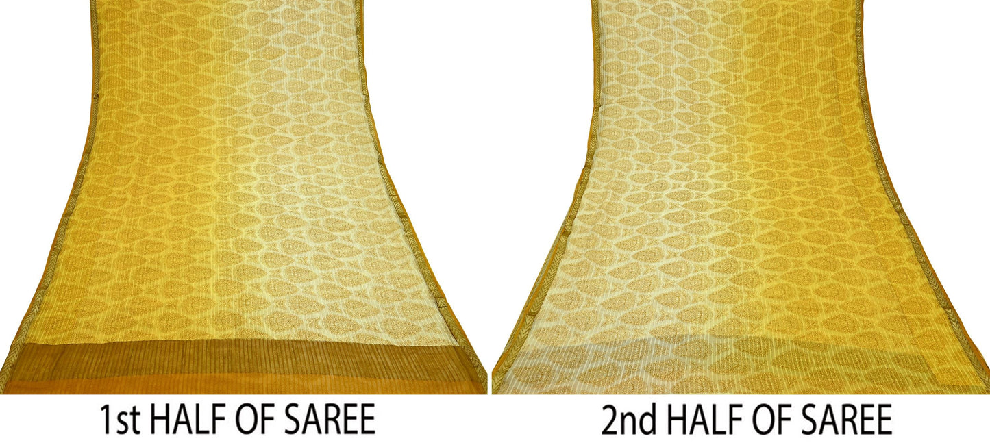 Women Vintage Sari Yellow & Ivory Pure Chiffon Silk Printed Sarees 6Yd Craft Fabric Sewing Soft Dress Making Zari Crafting Quilting