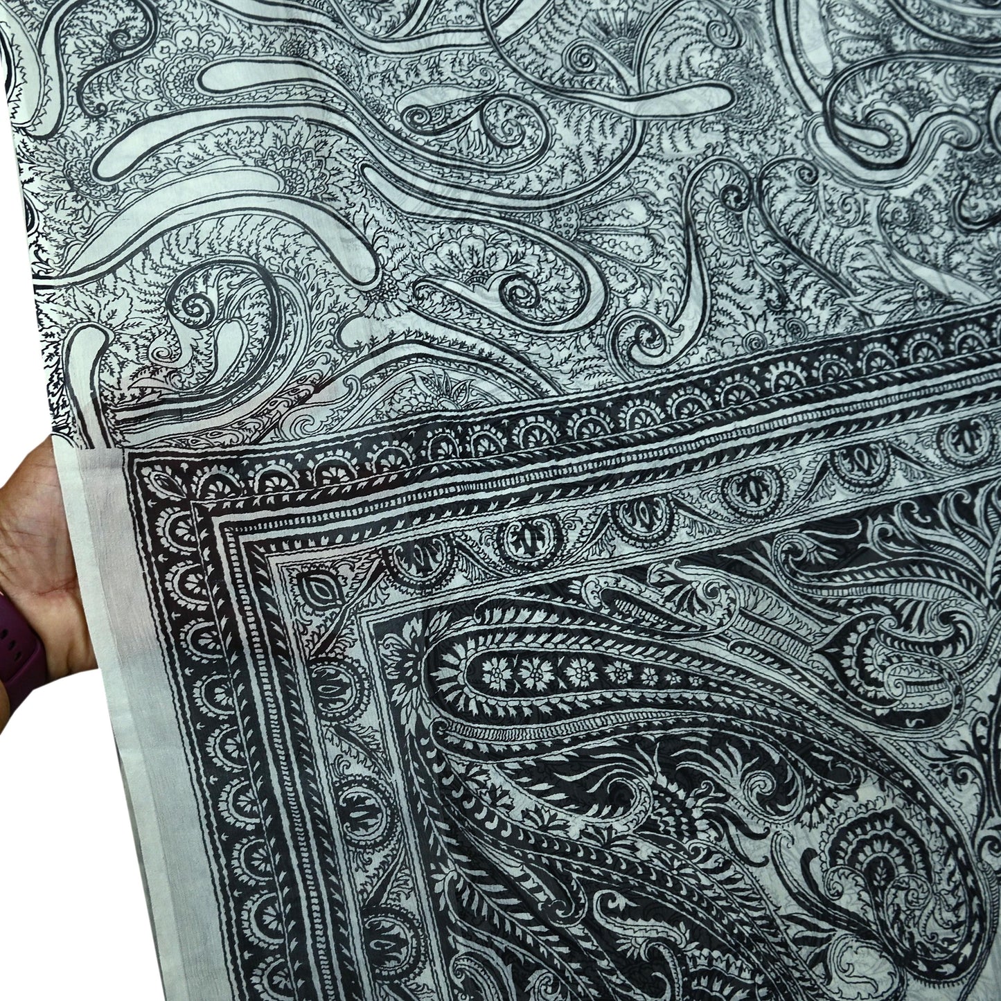 Indian Vintage White & Black Saree Pure Chiffon Silk Printed Sari Craft Fabric Sewing 5Yd Soft Light Sari Dress Making Paisley Quilting