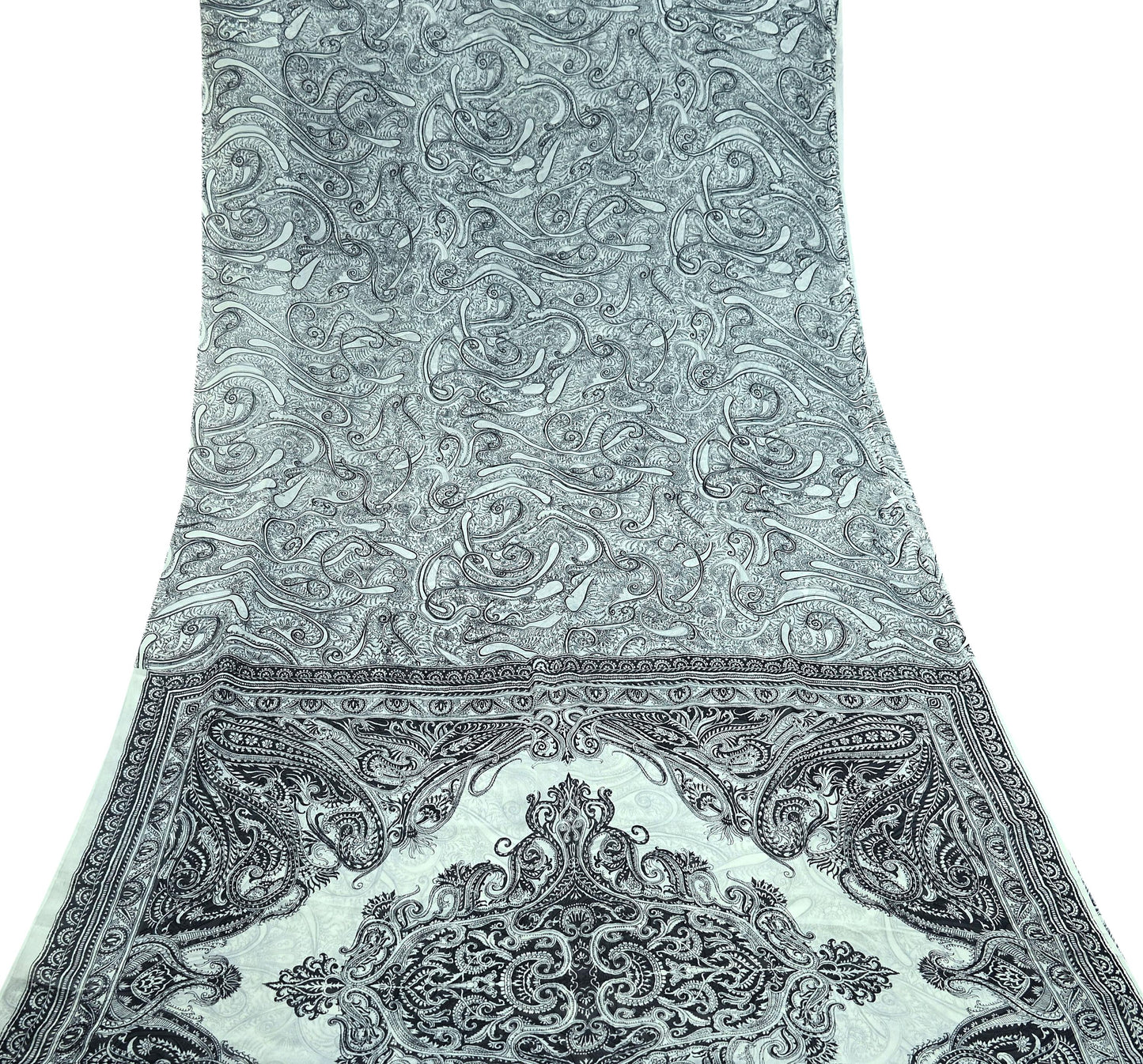Indian Vintage White & Black Saree Pure Chiffon Silk Printed Sari Craft Fabric Sewing 5Yd Soft Light Sari Dress Making Paisley Quilting