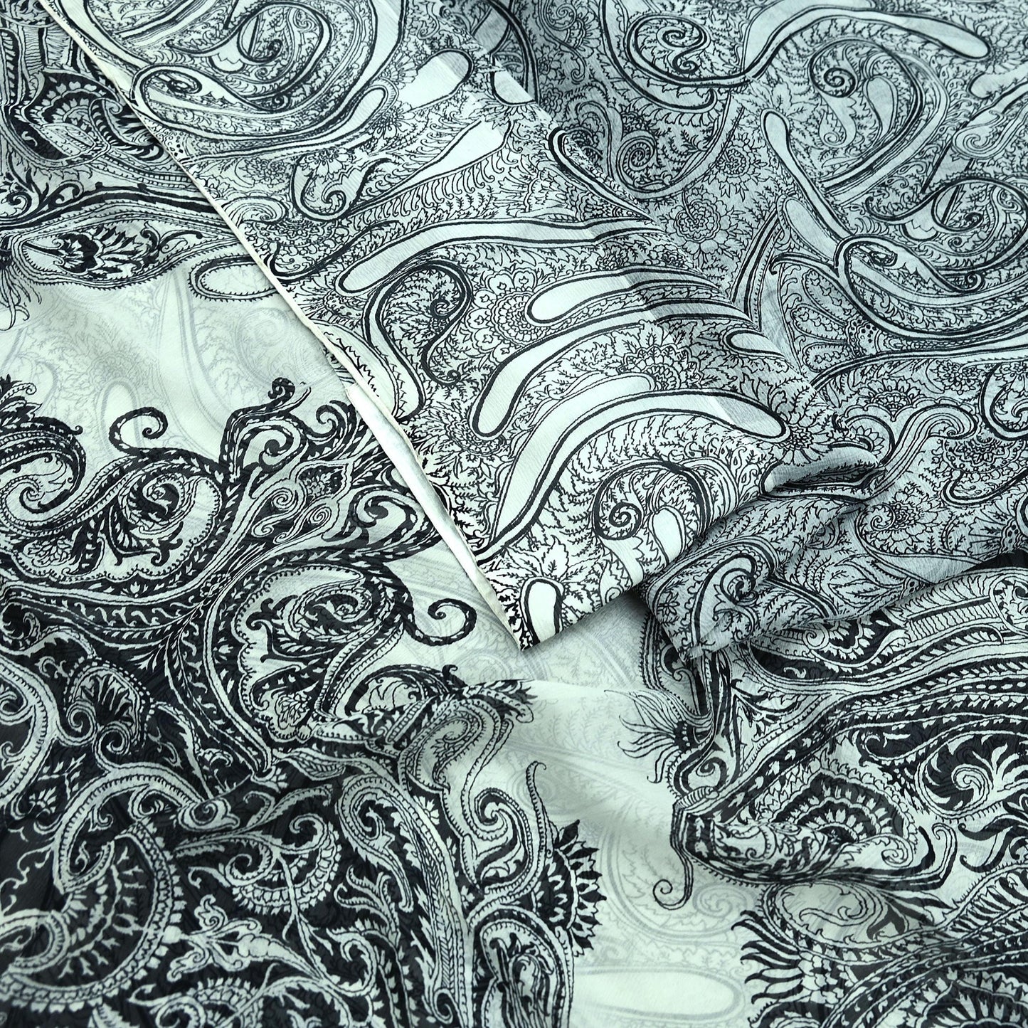 Indian Vintage White & Black Saree Pure Chiffon Silk Printed Sari Craft Fabric Sewing 5Yd Soft Light Sari Dress Making Paisley Quilting