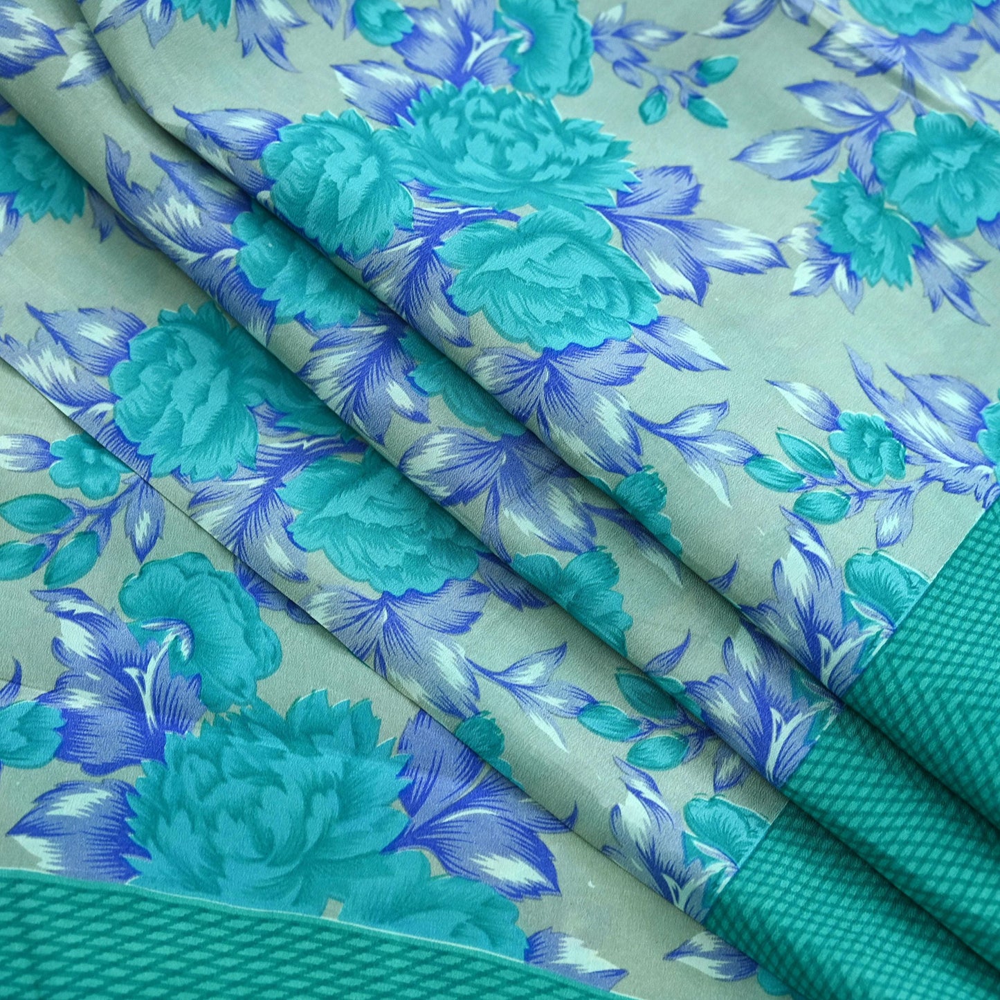 Indian Vintage Sari Green & Gray Pure Crepe Silk Printed Sarees 5yd Sewing Craft Fabric Wrap Upcycle Quilting Crafting Dress making