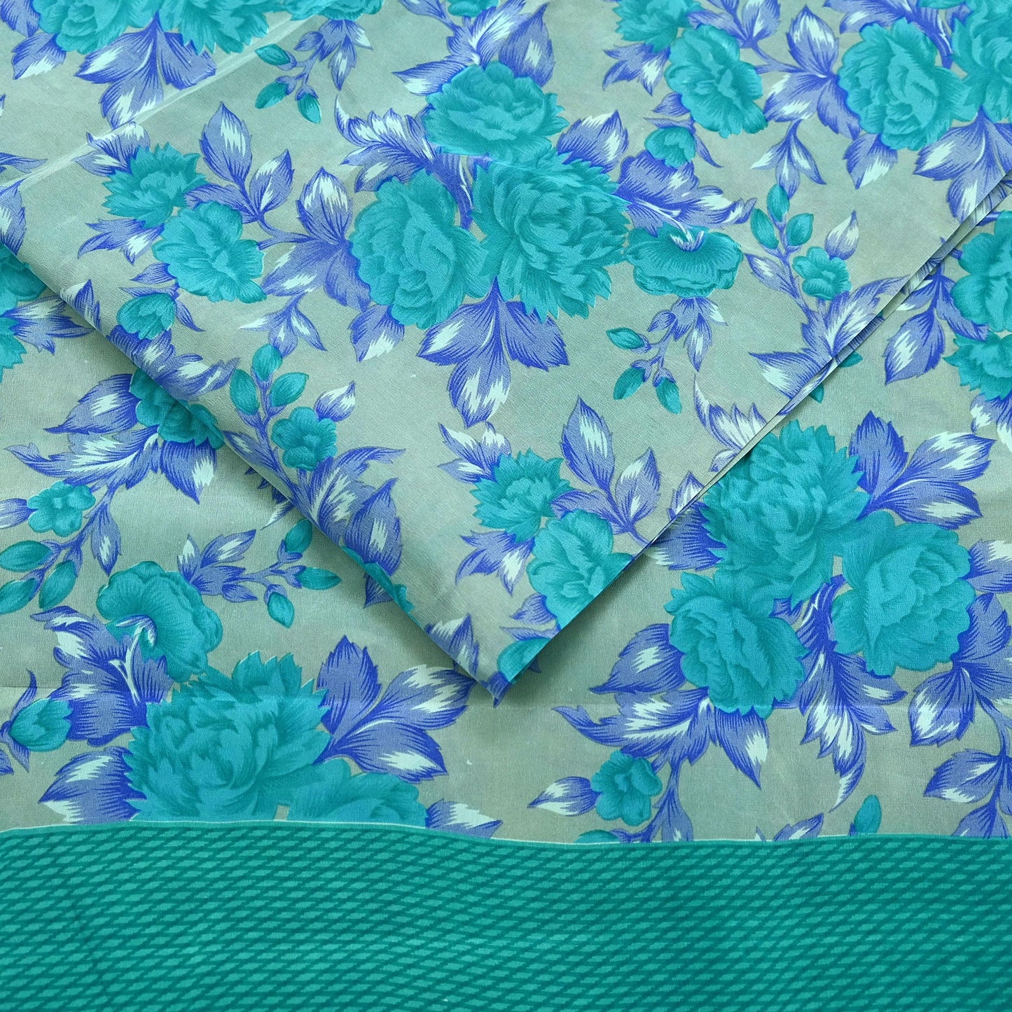 Indian Vintage Sari Green & Gray Pure Crepe Silk Printed Sarees 5yd Sewing Craft Fabric Wrap Upcycle Quilting Crafting Dress making