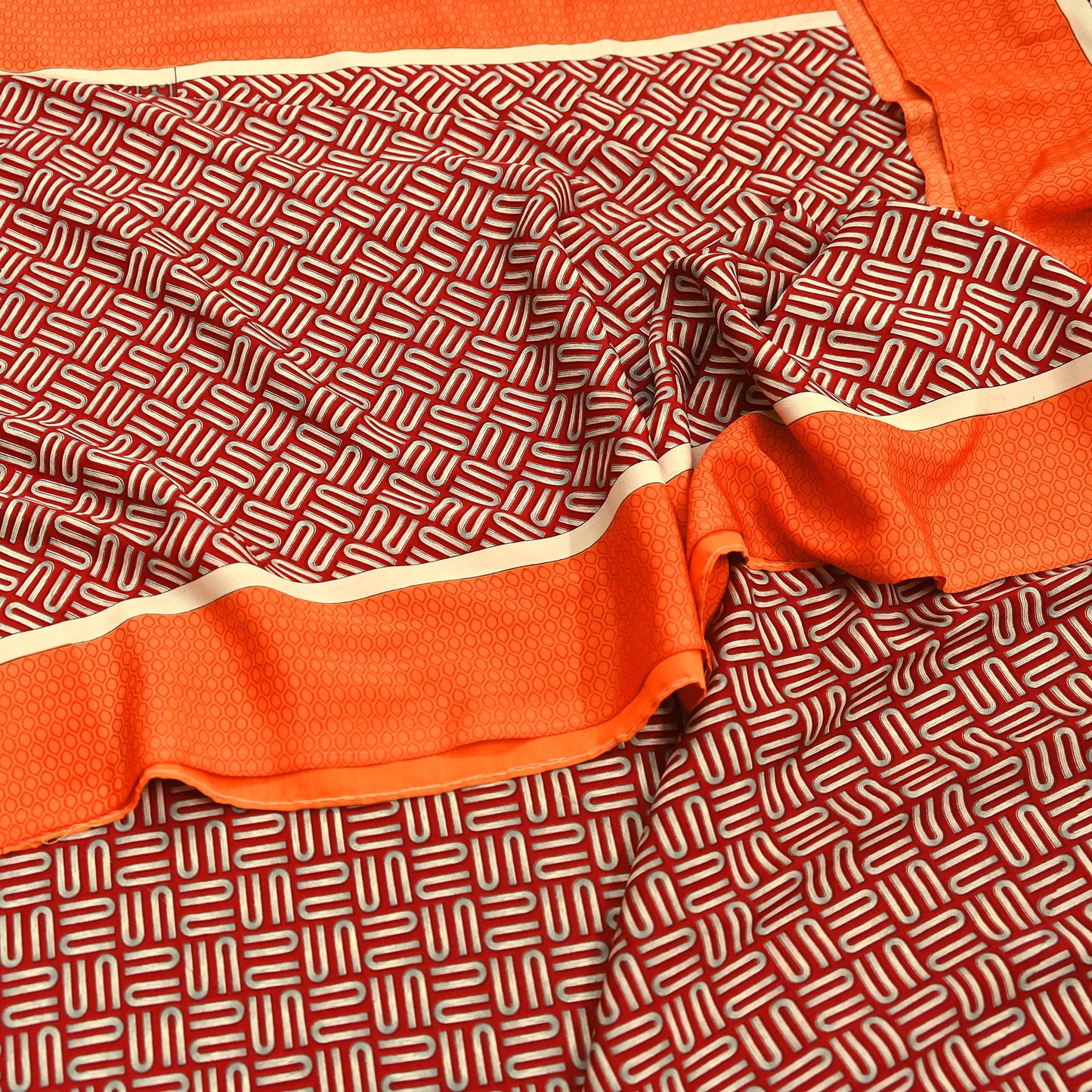 Indian Vintage Sari Orange & Red Moss Crepe Printed Sarees 6yd Craft Fabric Sewing Floral Soft Dressmaking Quilting Crafting Upcycle Used