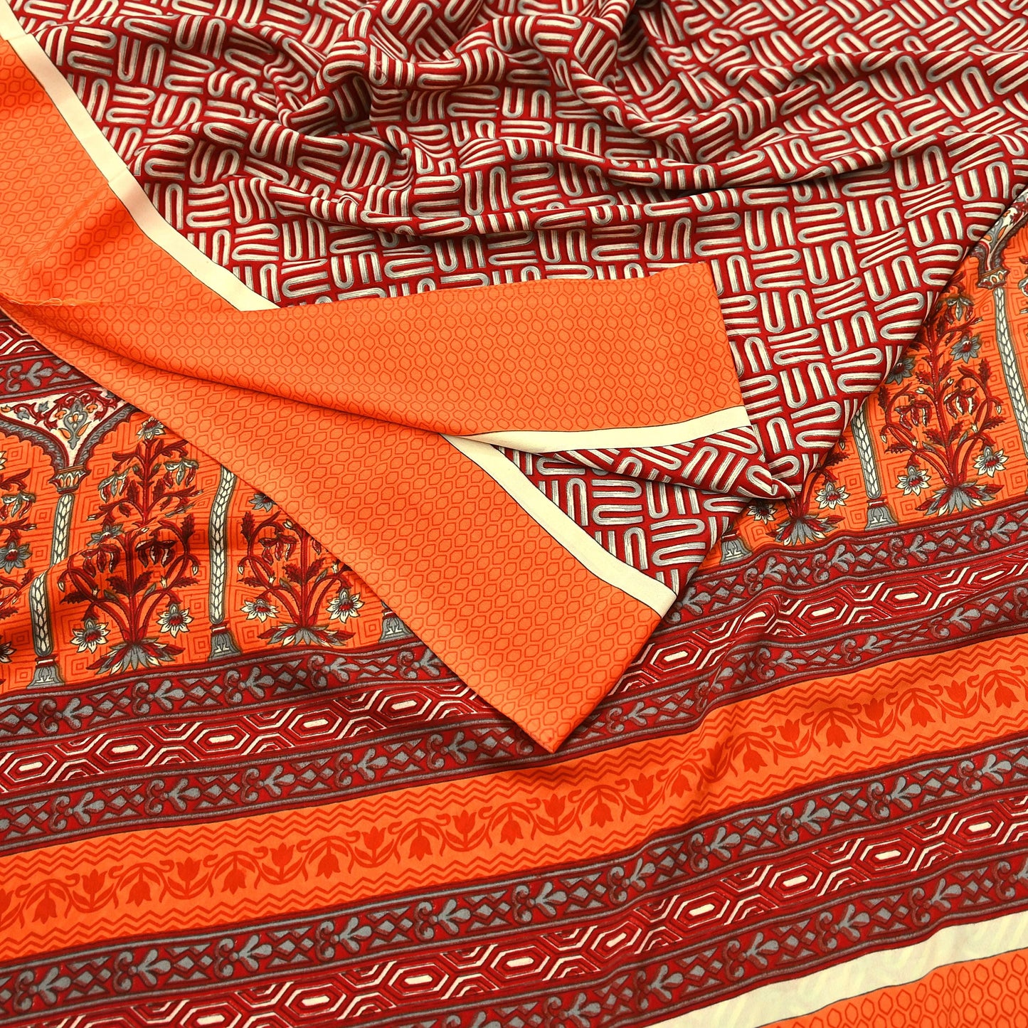 Indian Vintage Sari Orange & Red Moss Crepe Printed Sarees 6yd Craft Fabric Sewing Floral Soft Dressmaking Quilting Crafting Upcycle Used