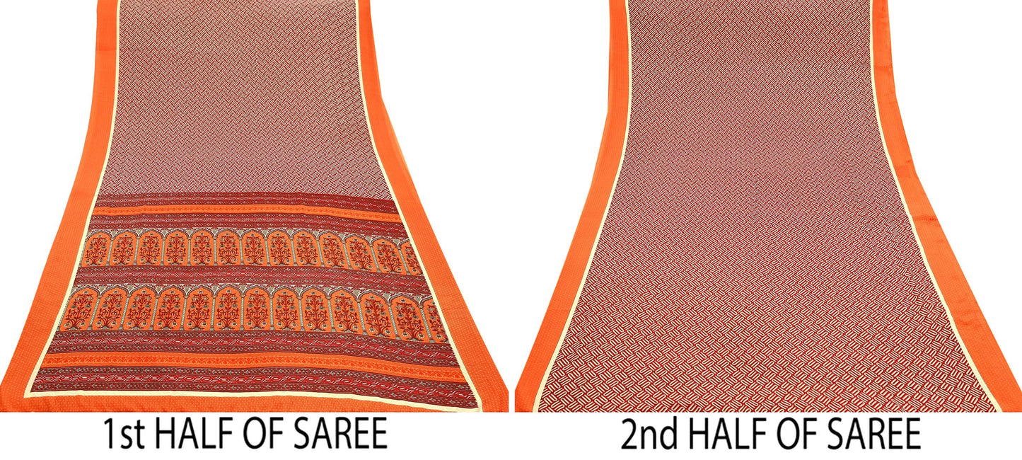Indian Vintage Sari Orange & Red Moss Crepe Printed Sarees 6yd Craft Fabric Sewing Floral Soft Dressmaking Quilting Crafting Upcycle Used