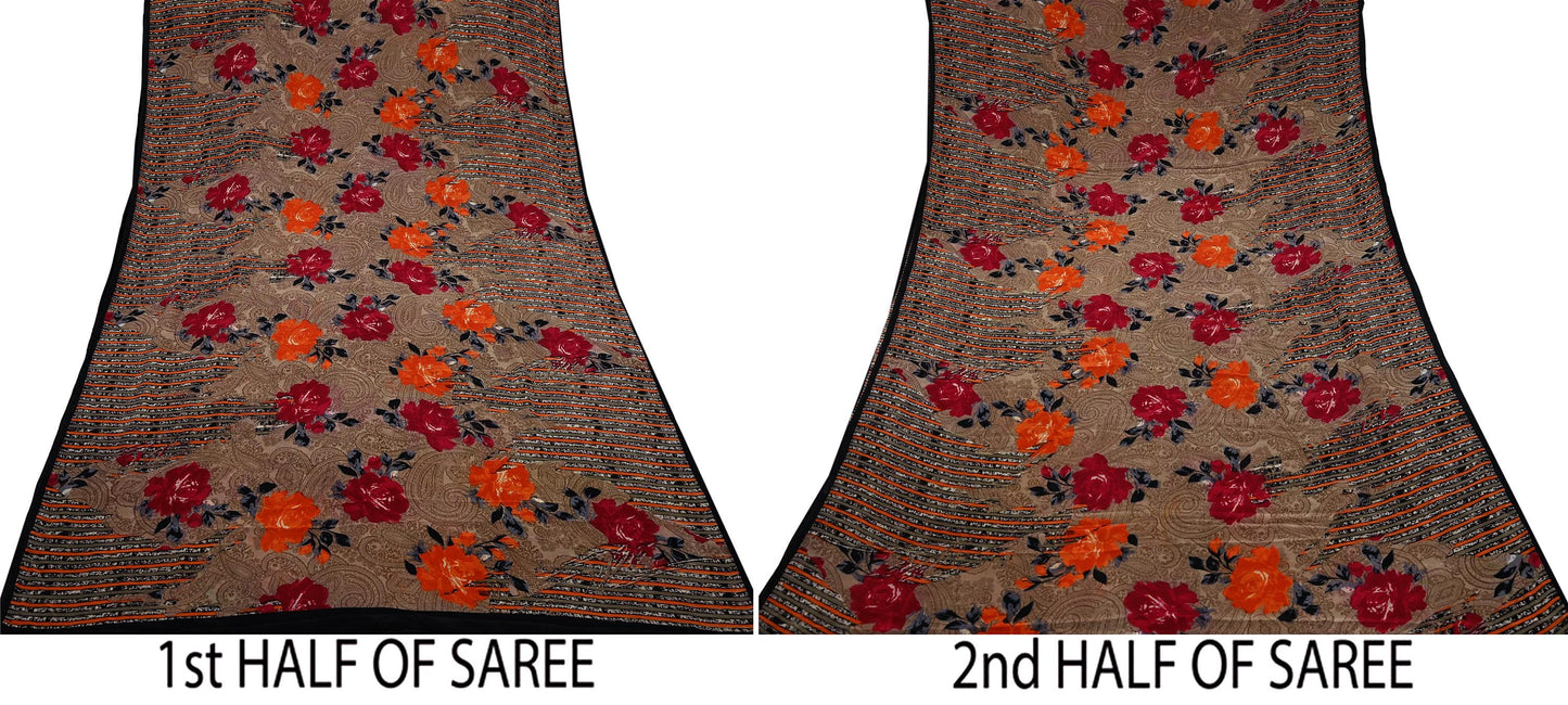 Indian Vintage Sari Brown Pure Crepe Silk Printed Saree 5yd Sewing Floral Soft Craft Fabric Wrap Dress Making For Crafting Quilting Upcycle