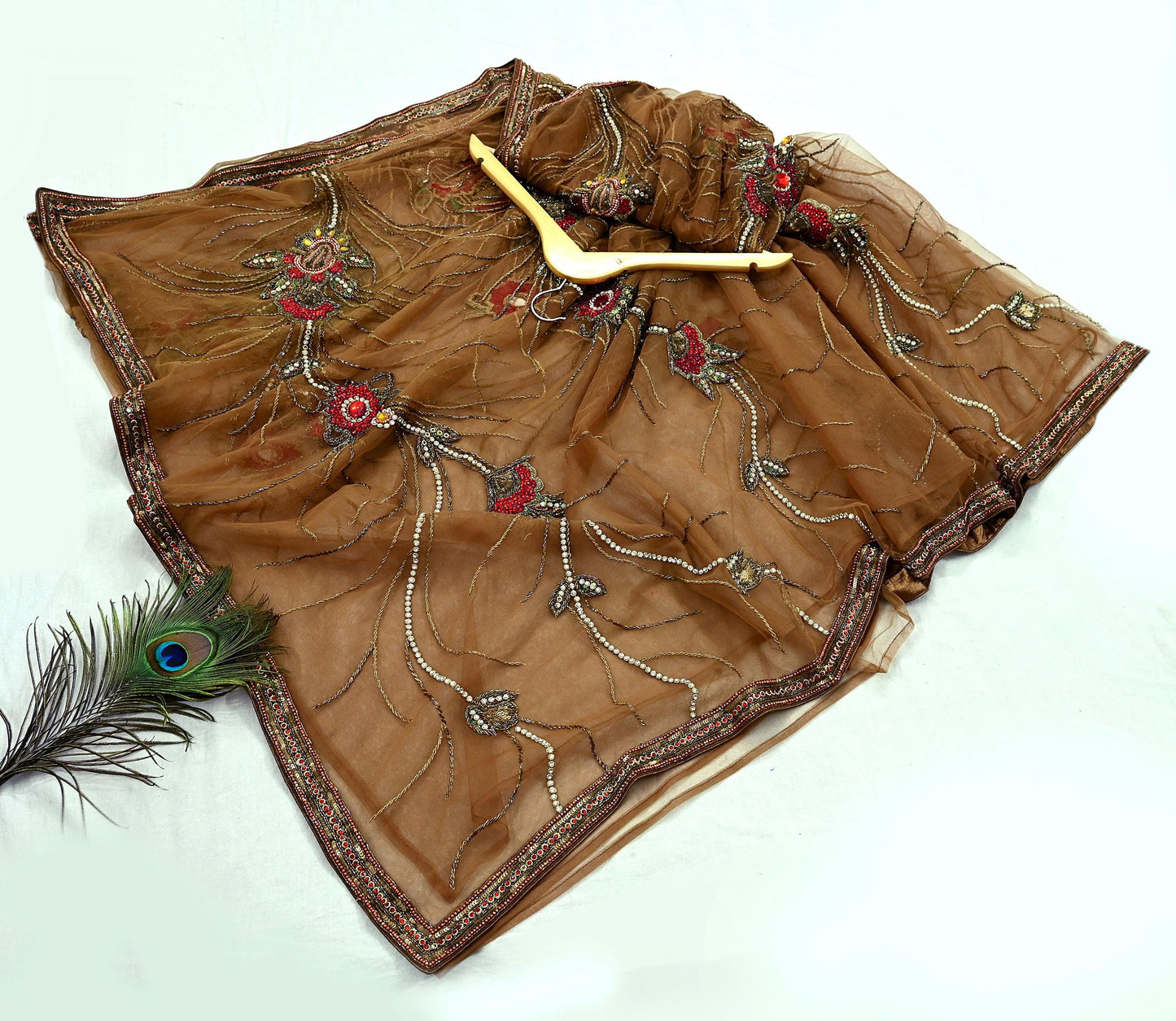 Indian New Sari Brown Net/Mesh Hand Embroidered Anamika Khanna Designer Sarees Ethnic 6Yd Sewing Zardozi, Zari With Blouse Fabric