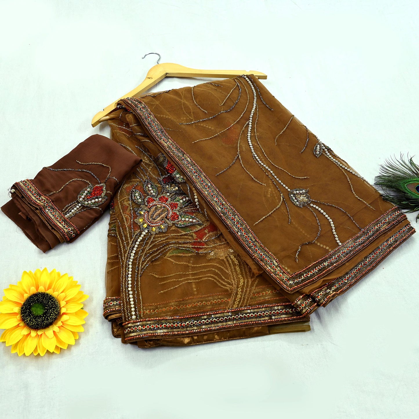 Indian New Sari Brown Net/Mesh Hand Embroidered Anamika Khanna Designer Sarees Ethnic 6Yd Sewing Zardozi, Zari With Blouse Fabric