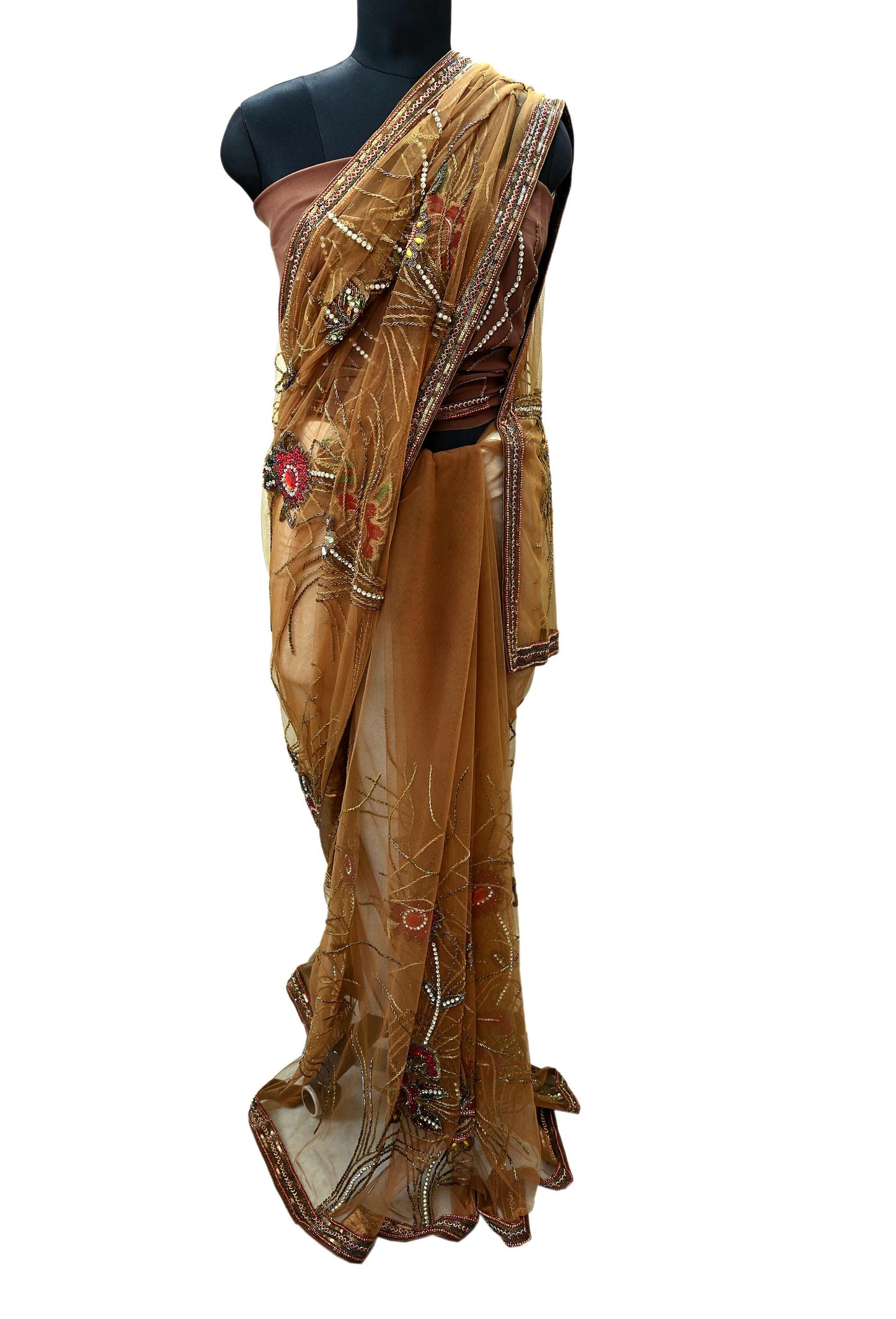 Indian New Sari Brown Net/Mesh Hand Embroidered Anamika Khanna Designer Sarees Ethnic 6Yd Sewing Zardozi, Zari With Blouse Fabric