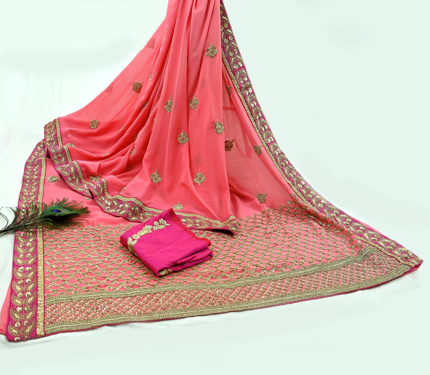 Indian Heavy Sari Peach Pure Georgette Silk Hand Embroidered Sarees Designer Sabyasachi 6Yd Sewing Ethnic Sarees With Blouse Fabric