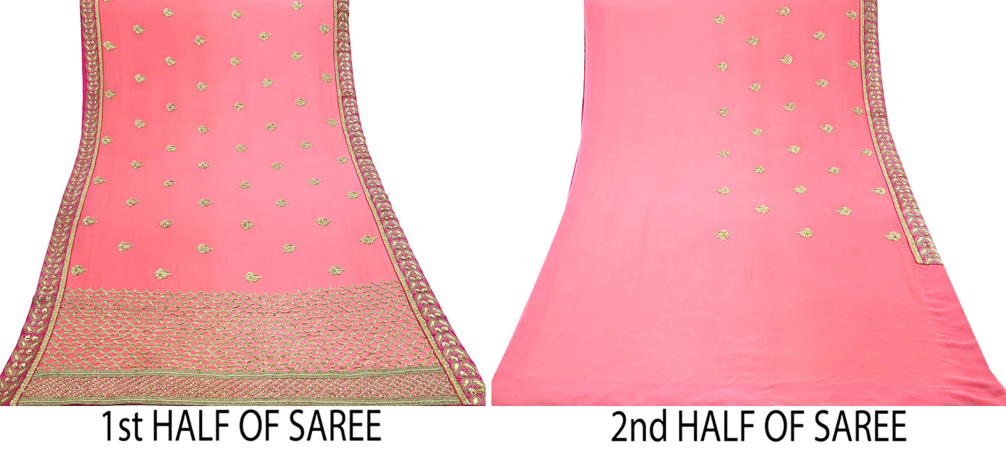Indian Heavy Sari Peach Pure Georgette Silk Hand Embroidered Sarees Designer Sabyasachi 6Yd Sewing Ethnic Sarees With Blouse Fabric