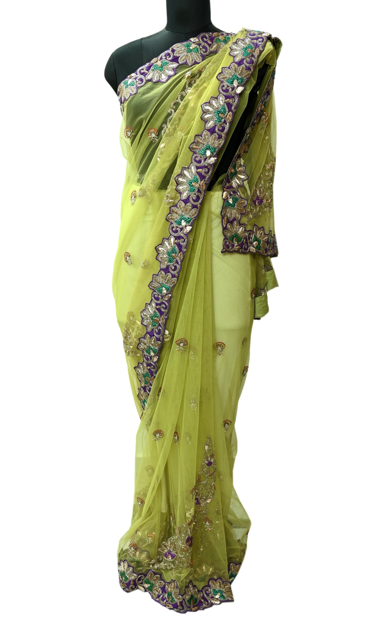 Indian New Heavy Sari Nion Green Net/Mesh Hand Embroidered Designer Manish Malhotra Sarees 6Yd Ethnic Zardozi/Dabka Zari With Blouse Fabric