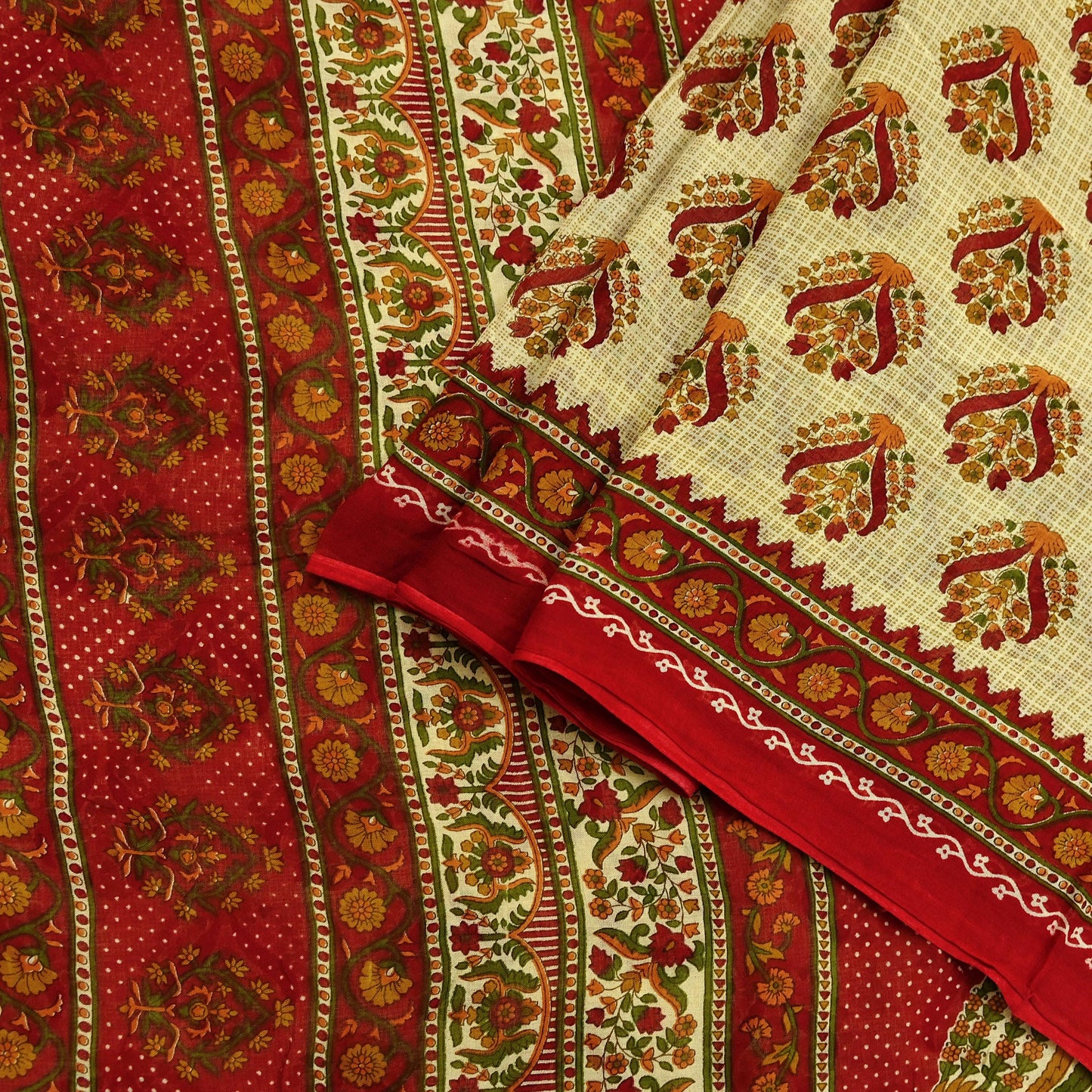 Indian Vintage Red & Beige Saree Printed 100% Pure Cotton Sari Craft Fabric 5Yd Soft Sewing Sarong Wrap Dress Making Quilting Crafting