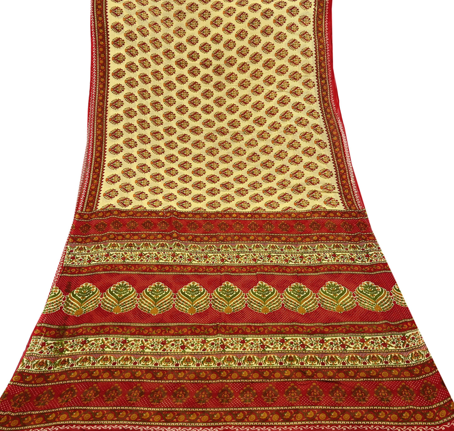 Indian Vintage Red & Beige Saree Printed 100% Pure Cotton Sari Craft Fabric 5Yd Soft Sewing Sarong Wrap Dress Making Quilting Crafting