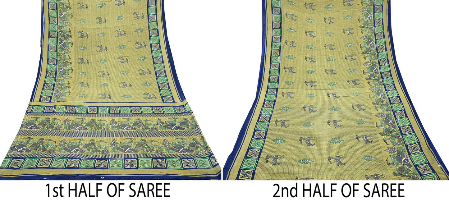 Indian Vintage Sari Beige Printed Pure Cotton Sarees Fabric 5Yd Sarong Wrap Boho Fabric Kimono Soft Dress making Crafting Quilting