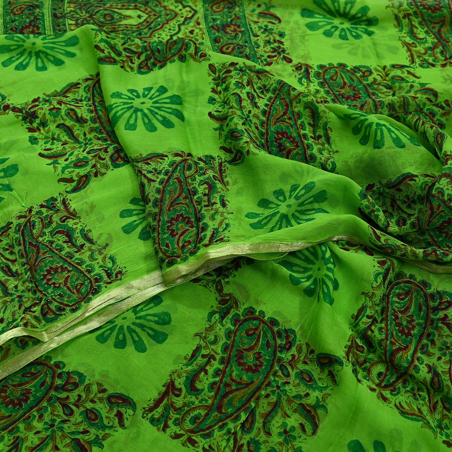 Indian Women Vintage Green Sarees Blend Chiffon Printed Sari Sewing 5yd Soft Craft Fabric Floral Wrap Boho Zari Quilting Blouse Fabric