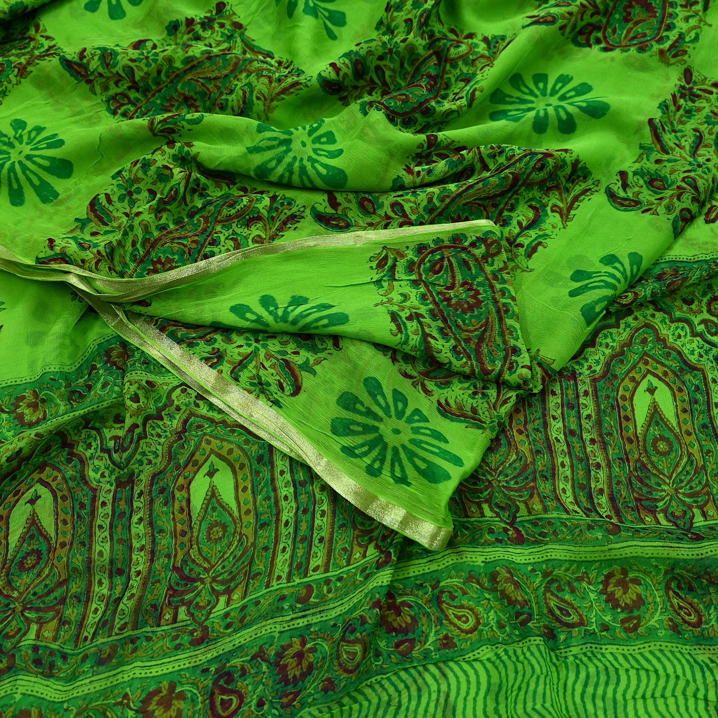 Indian Women Vintage Green Sarees Blend Chiffon Printed Sari Sewing 5yd Soft Craft Fabric Floral Wrap Boho Zari Quilting Blouse Fabric