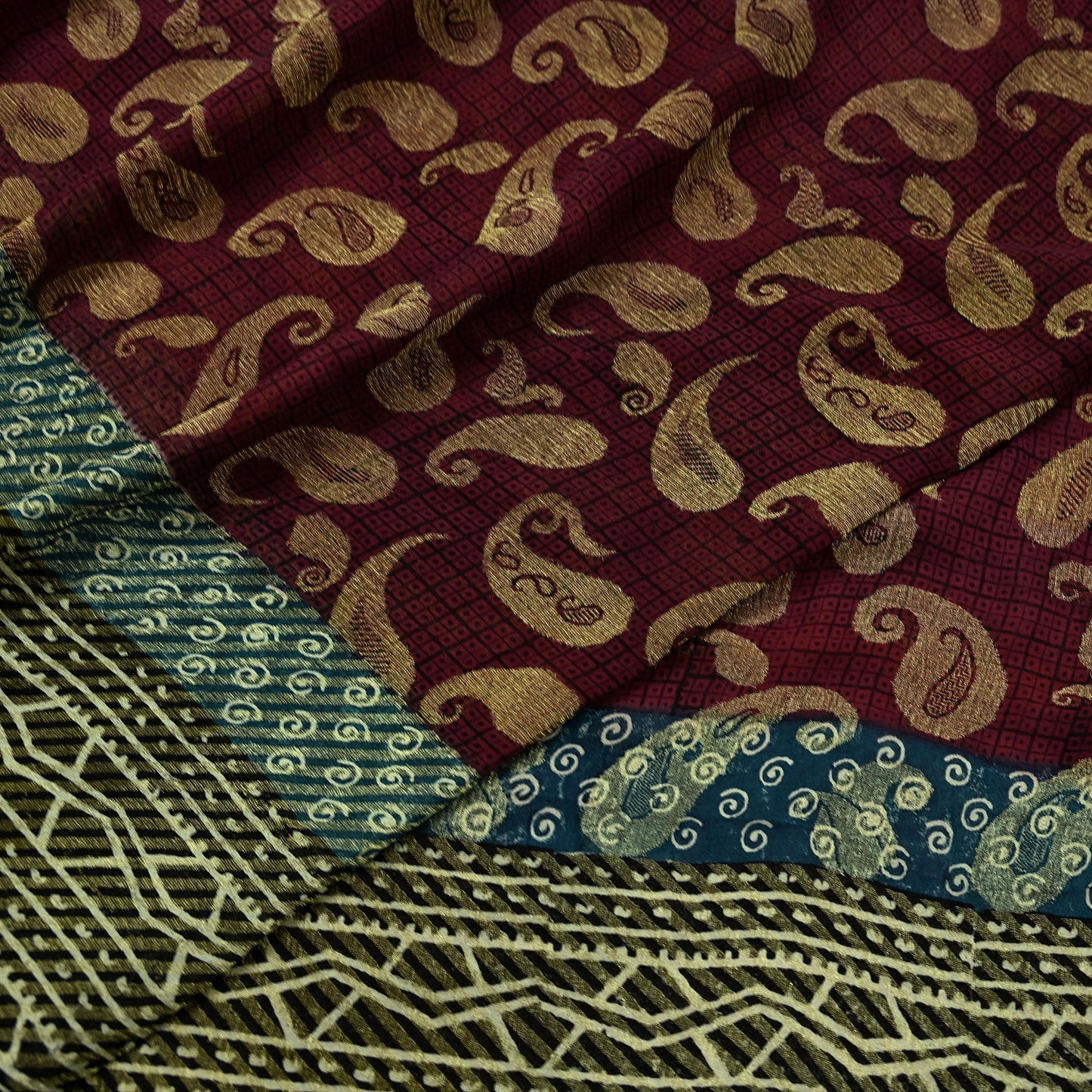 Indian Women Vintage Maroon & Black Saree 100% Pure Georgette Silk Printed Sari Sewing 5yd Soft Craft Fabric Stripes Dress Making Crafting
