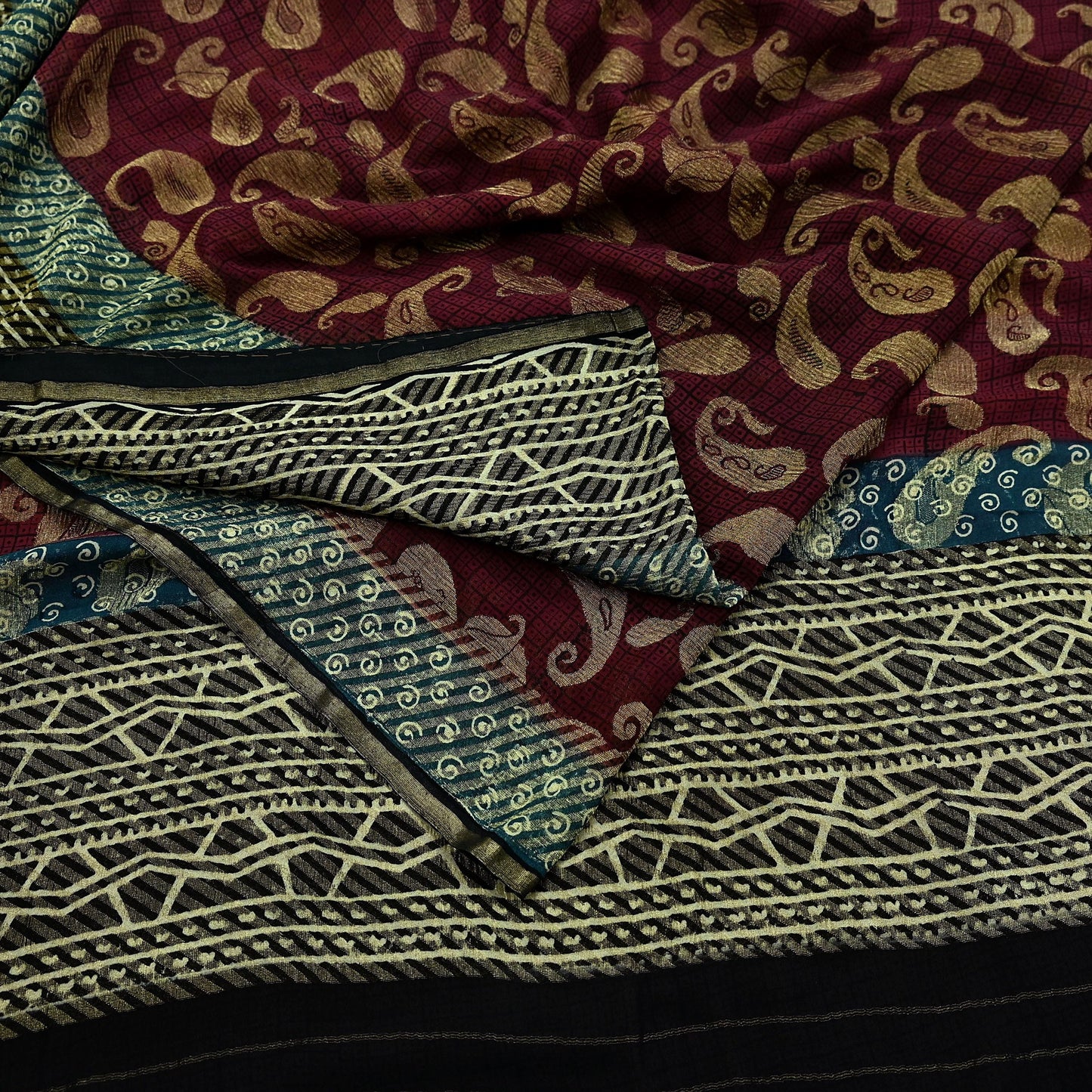 Indian Women Vintage Maroon & Black Saree 100% Pure Georgette Silk Printed Sari Sewing 5yd Soft Craft Fabric Stripes Dress Making Crafting