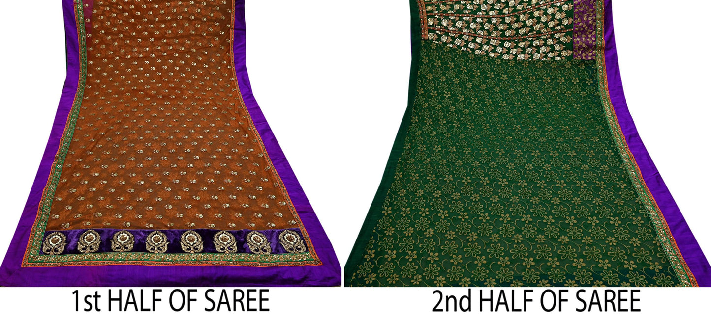 Indian Pre-Owned Sari Orange & Purple Net/Mesh Hand Embroidered Designer Sabyasachi Lehenga Sarees Ethnic Zardozi/Dabka Zari Wedding Sarees