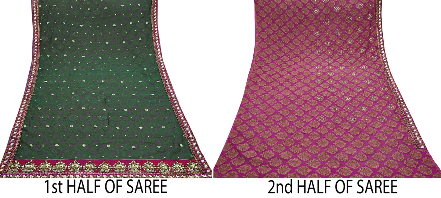 Indian New Sari Green & Purple Net/Mesh Hand Embroidered Designer Sabyasachi Sarees 6yd Ethnic Zardozi/Dabka Zari With Blouse Fabric
