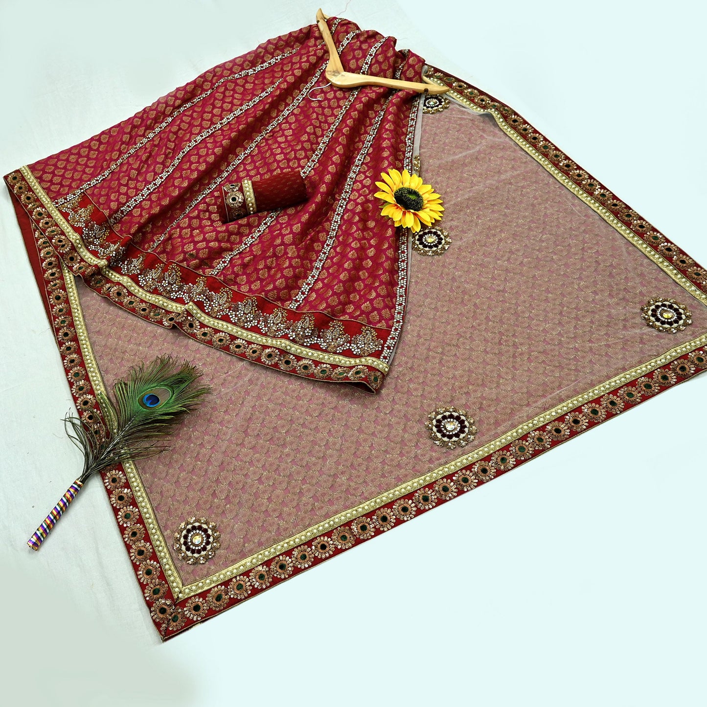 Indian New Sari White & Pink Net/Mesh Hand Embroidered Designer Sabyasachi Lehenga Sarees 5yd Ethnic Zardozi/Dabka Zari With Blouse Fabric