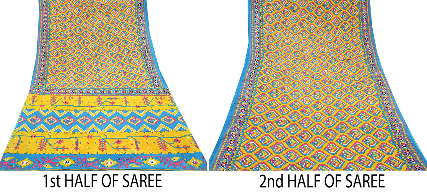 Indian Vintage Sari Blue & Yellow Printed 100% Pure Cotton Saree Craft Fabric 5Yd Soft Sewing Sarong Wrap Boho Dress making Quilting Upcycle