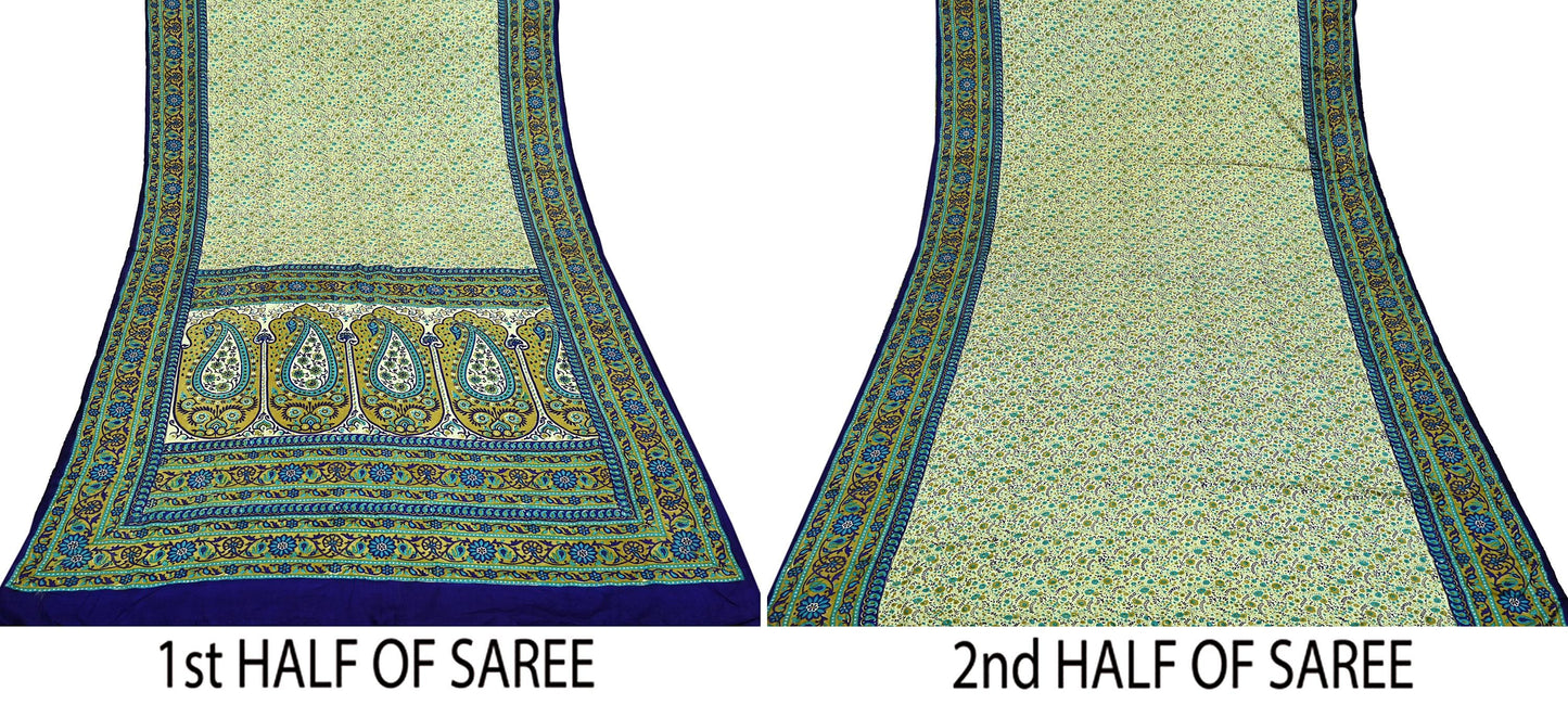 Indian Vintage Sari Ivory & Blue Printed 100% Pure Satin Silk Sarees 5yd Sewing Craft Fabric Dress Making Wrap Upcycle Quilting Crafting