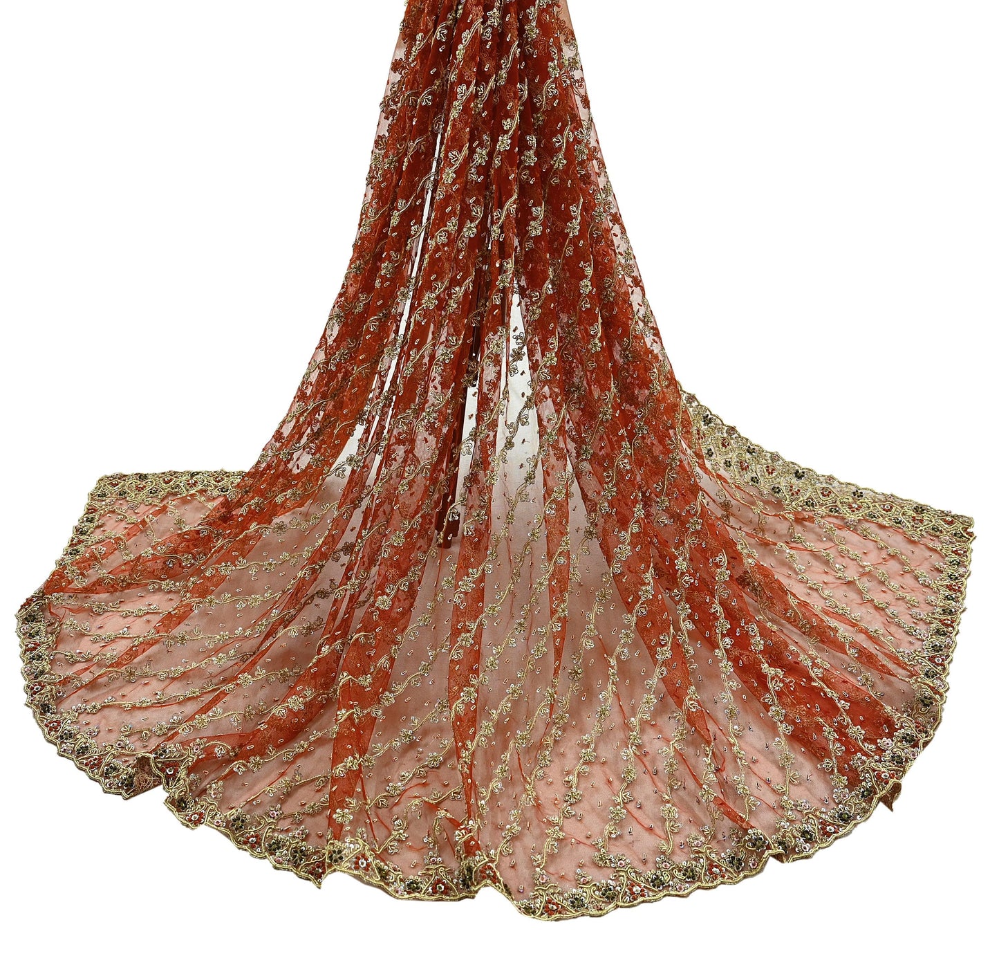 Indian Vintage Bridal Heavy Orange Dupatta Net Mesh Long Stole Hand Embroidered Scarves Golden Zardozi Dabka Zari Sequins Wedding Veil