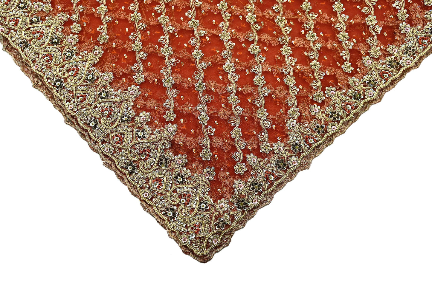 Indian Vintage Bridal Heavy Orange Dupatta Net Mesh Long Stole Hand Embroidered Scarves Golden Zardozi Dabka Zari Sequins Wedding Veil