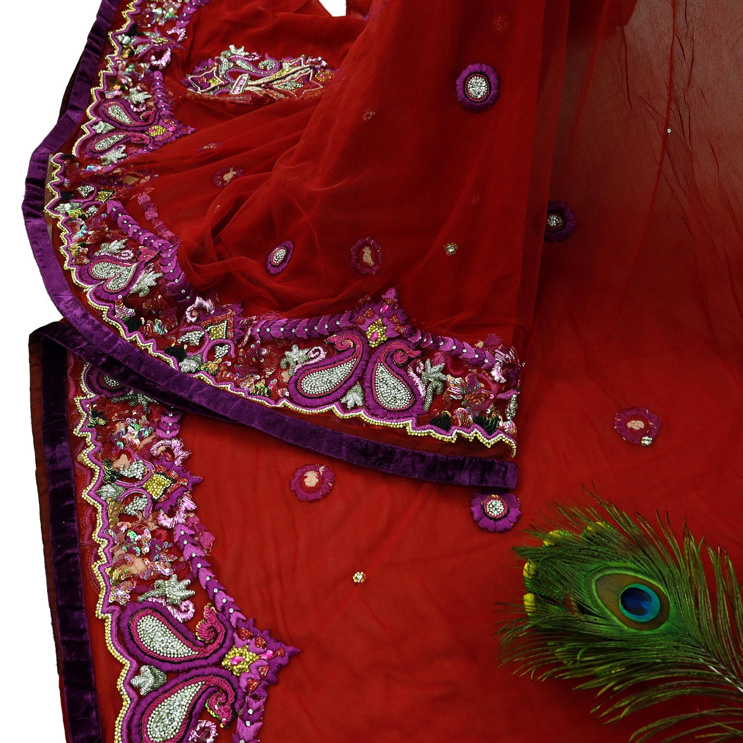 Indian Vintage Heavy Sari Red Net/Georgette Silk Hand Embroidered Sarees Craft Fabric 6Yd Sewing Soft Wedding sarees With Blouse fabric