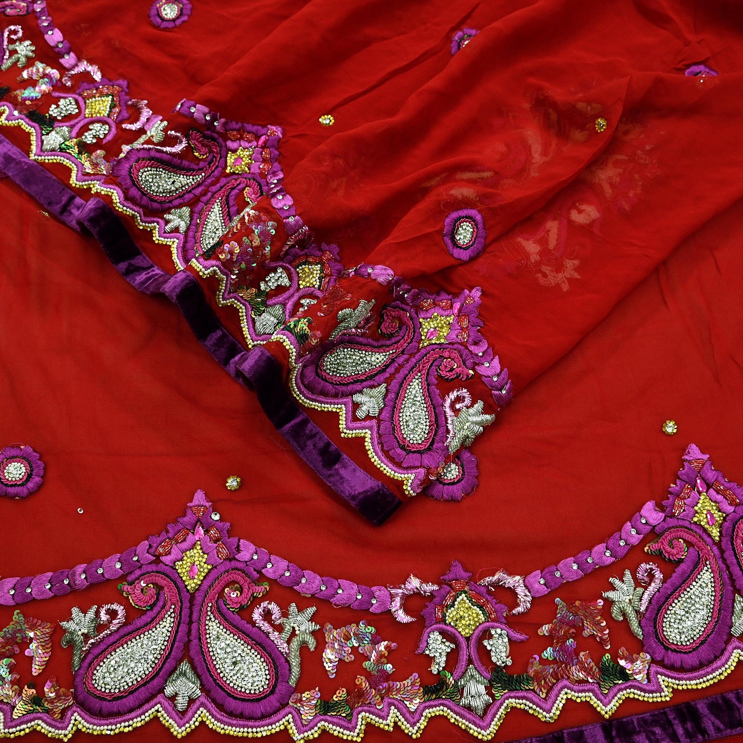 Indian Vintage Heavy Sari Red Net/Georgette Silk Hand Embroidered Sarees Craft Fabric 6Yd Sewing Soft Wedding sarees With Blouse fabric