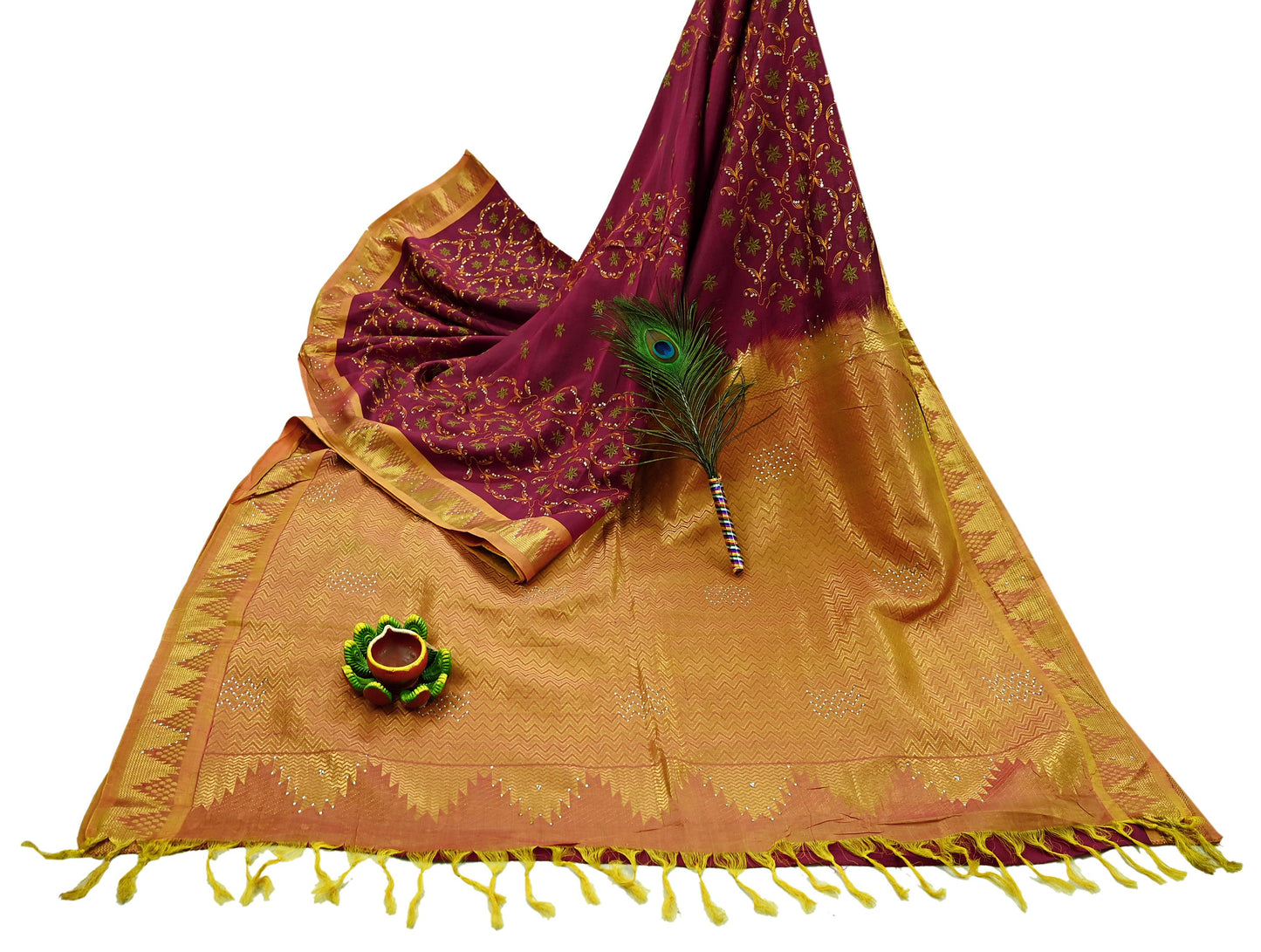 Indian Vintage Heavy Saree Maroon & Saffron Hand Woven Kanjivaram 100% Pure Silk Sari Craft Fabric 5Yd Ethnic Zari Floral