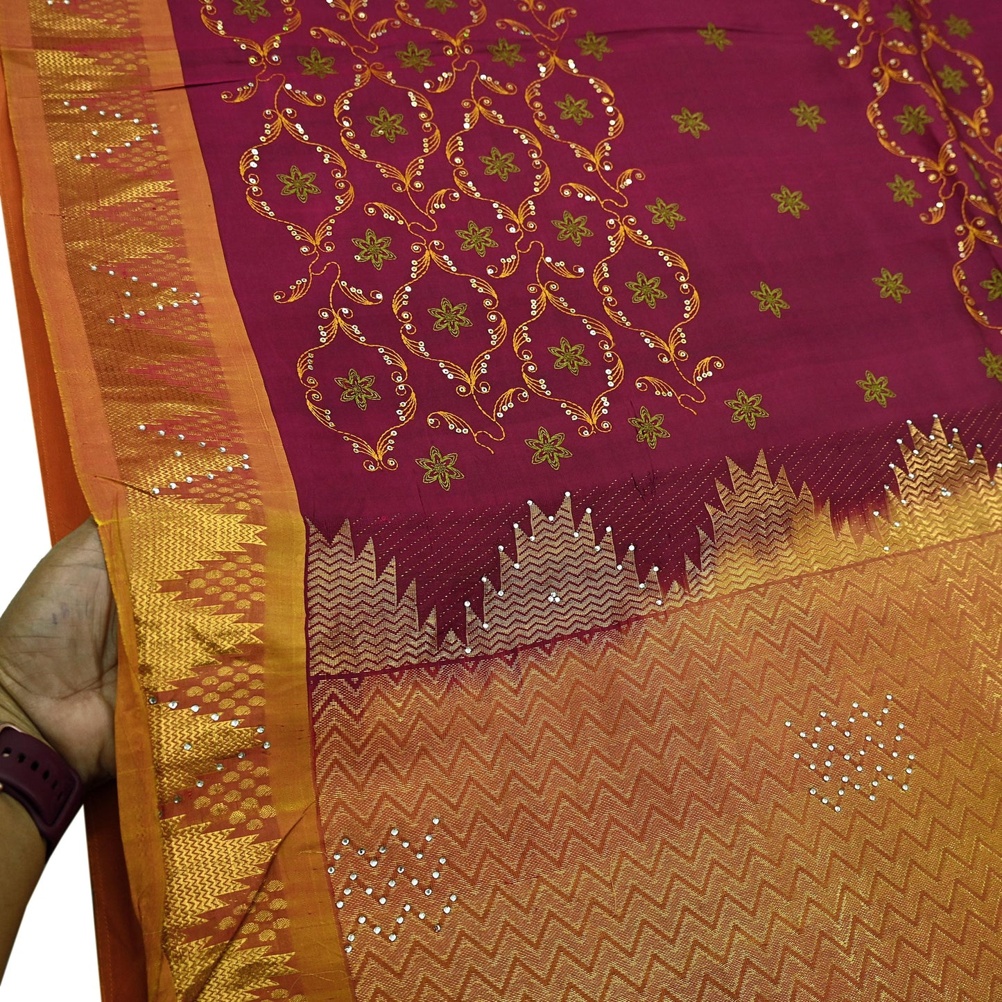 Indian Vintage Heavy Saree Maroon & Saffron Hand Woven Kanjivaram 100% Pure Silk Sari Craft Fabric 5Yd Ethnic Zari Floral