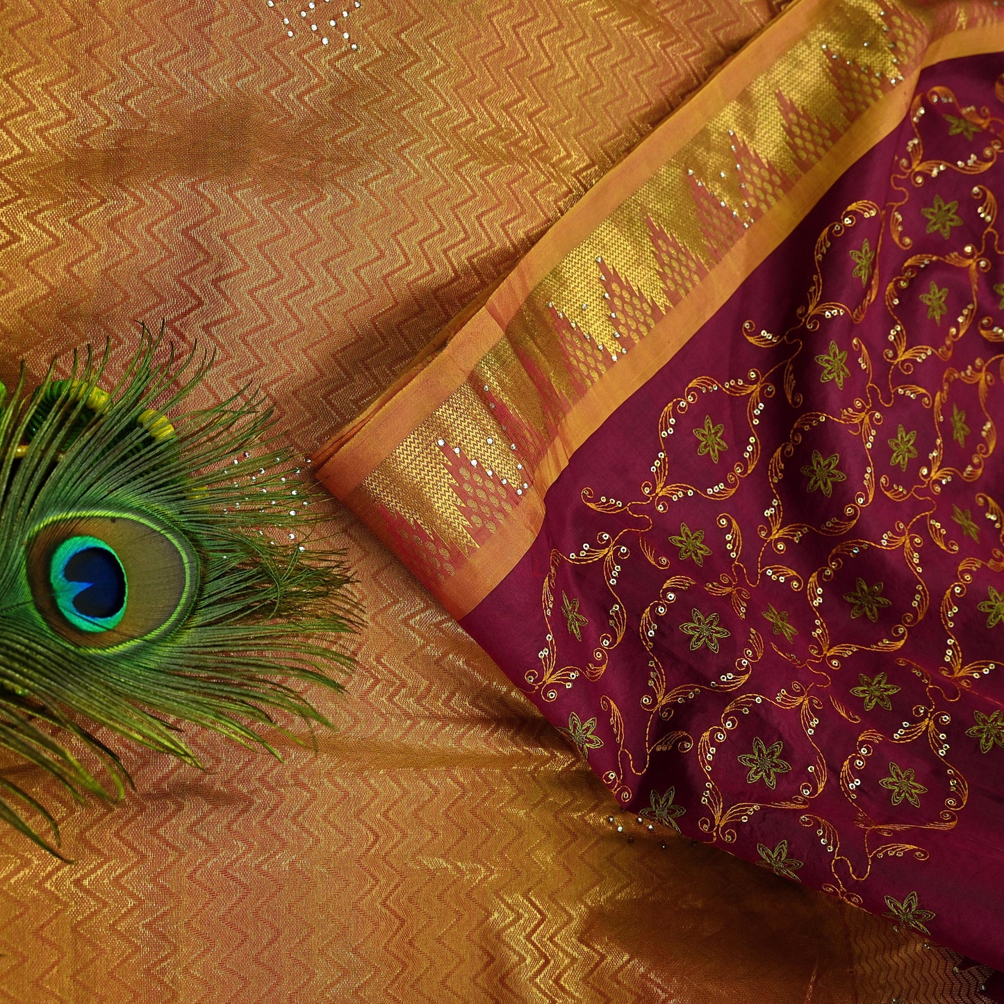 Indian Vintage Heavy Saree Maroon & Saffron Hand Woven Kanjivaram 100% Pure Silk Sari Craft Fabric 5Yd Ethnic Zari Floral