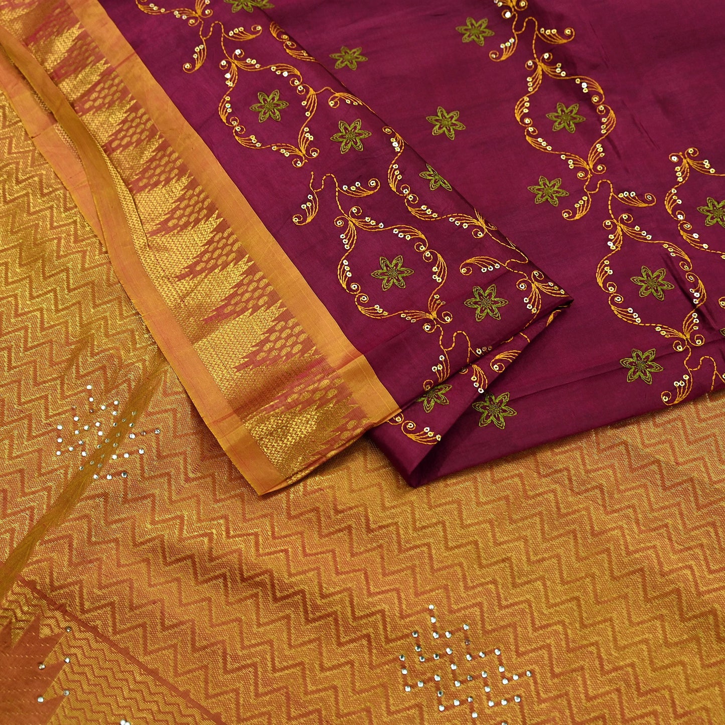 Indian Vintage Heavy Saree Maroon & Saffron Hand Woven Kanjivaram 100% Pure Silk Sari Craft Fabric 5Yd Ethnic Zari Floral