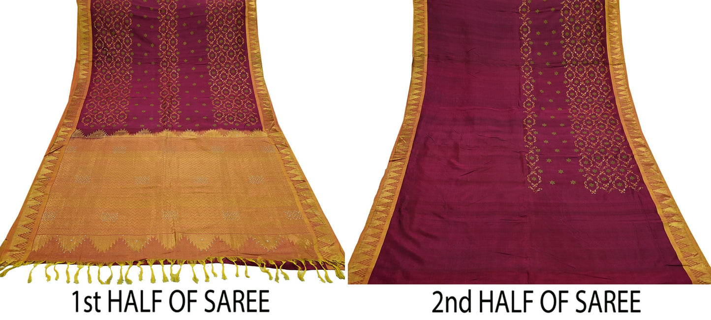Indian Vintage Heavy Saree Maroon & Saffron Hand Woven Kanjivaram 100% Pure Silk Sari Craft Fabric 5Yd Ethnic Zari Floral