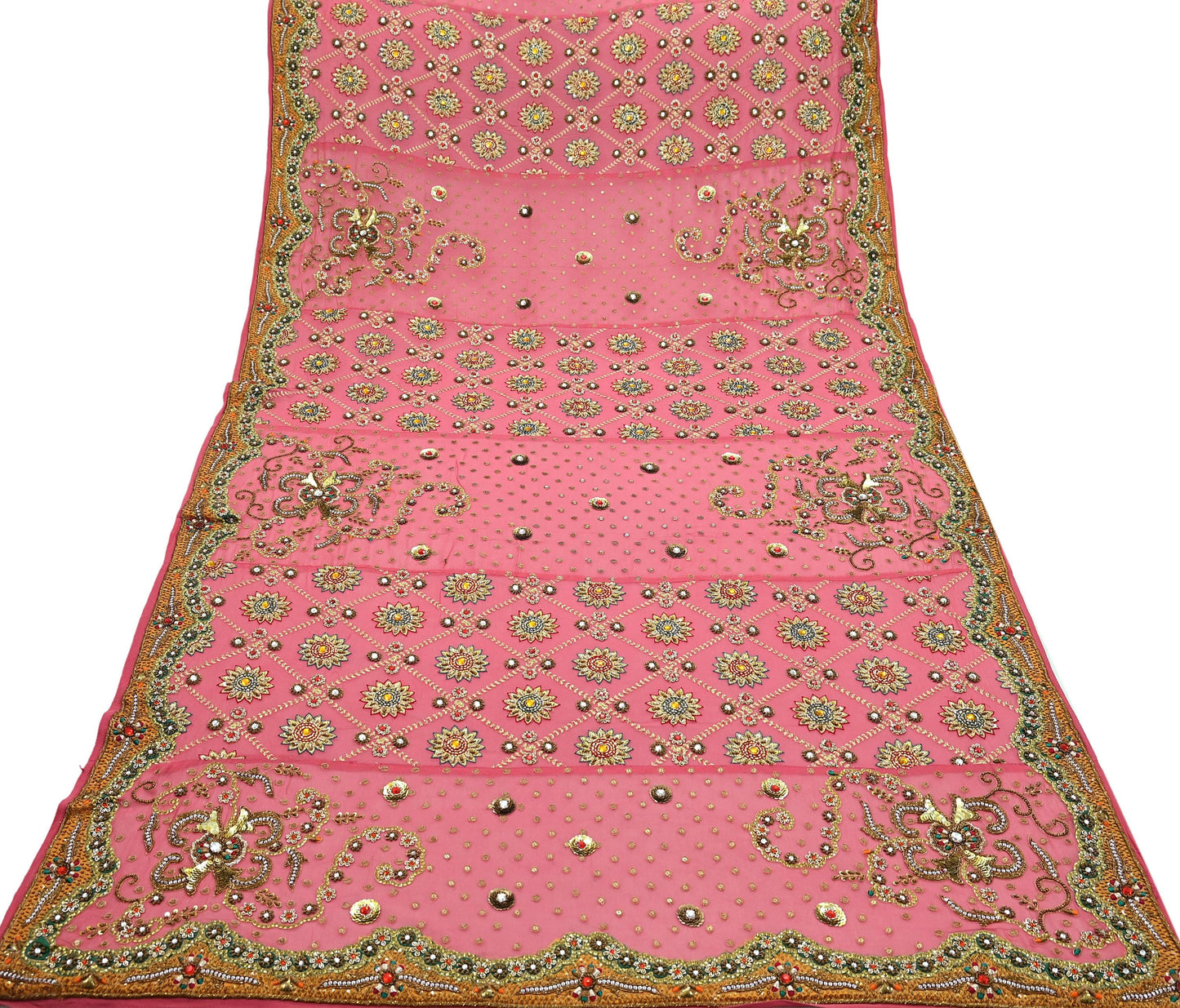 Indian Vintage Heavy Bridal Dupatta Pink Pure Georgette Silk Long Stole Hand Embroidered Scarf Zardozi/Dabka Zari Wedding/Party Dupatta