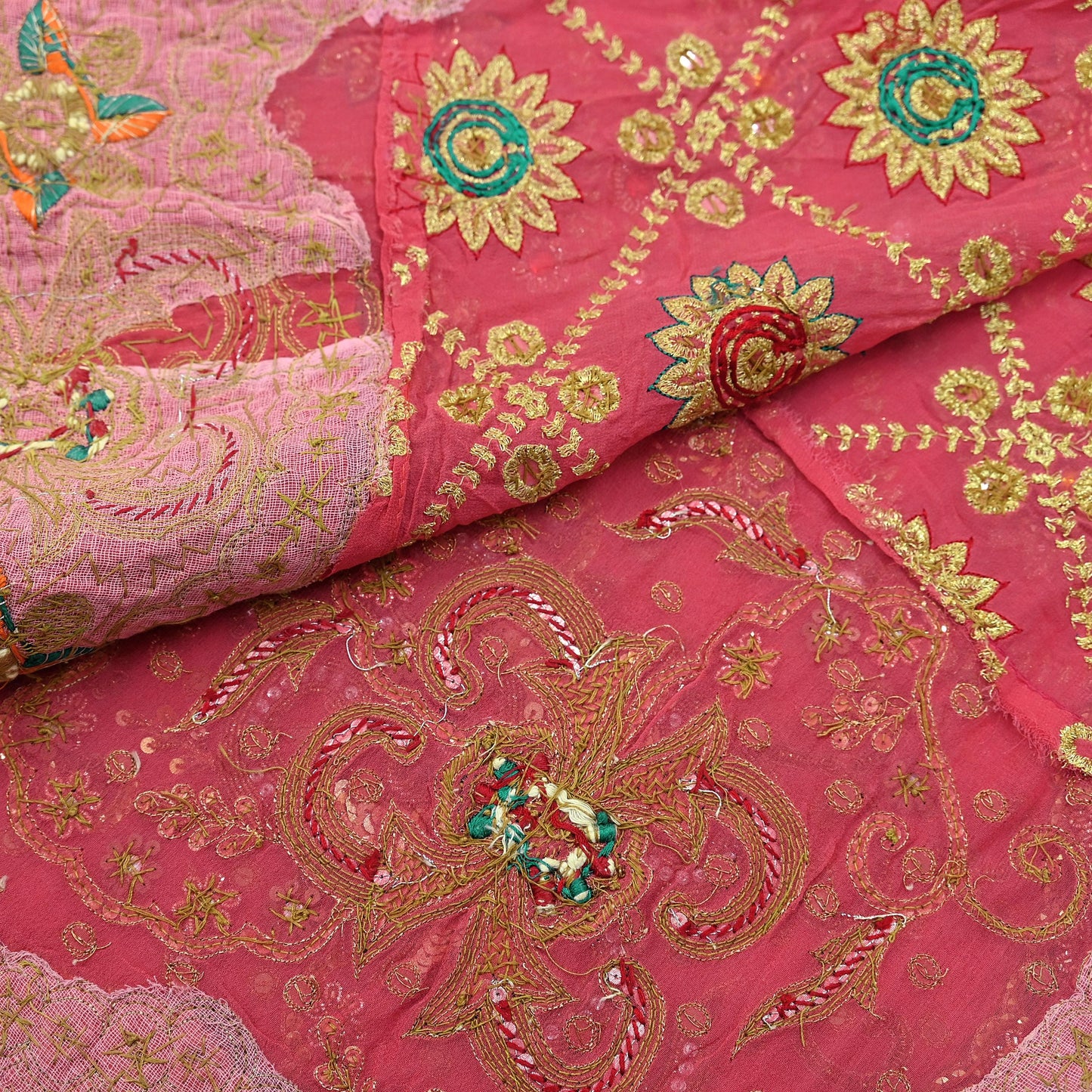 Indian Vintage Heavy Bridal Dupatta Pink Pure Georgette Silk Long Stole Hand Embroidered Scarf Zardozi/Dabka Zari Wedding/Party Dupatta