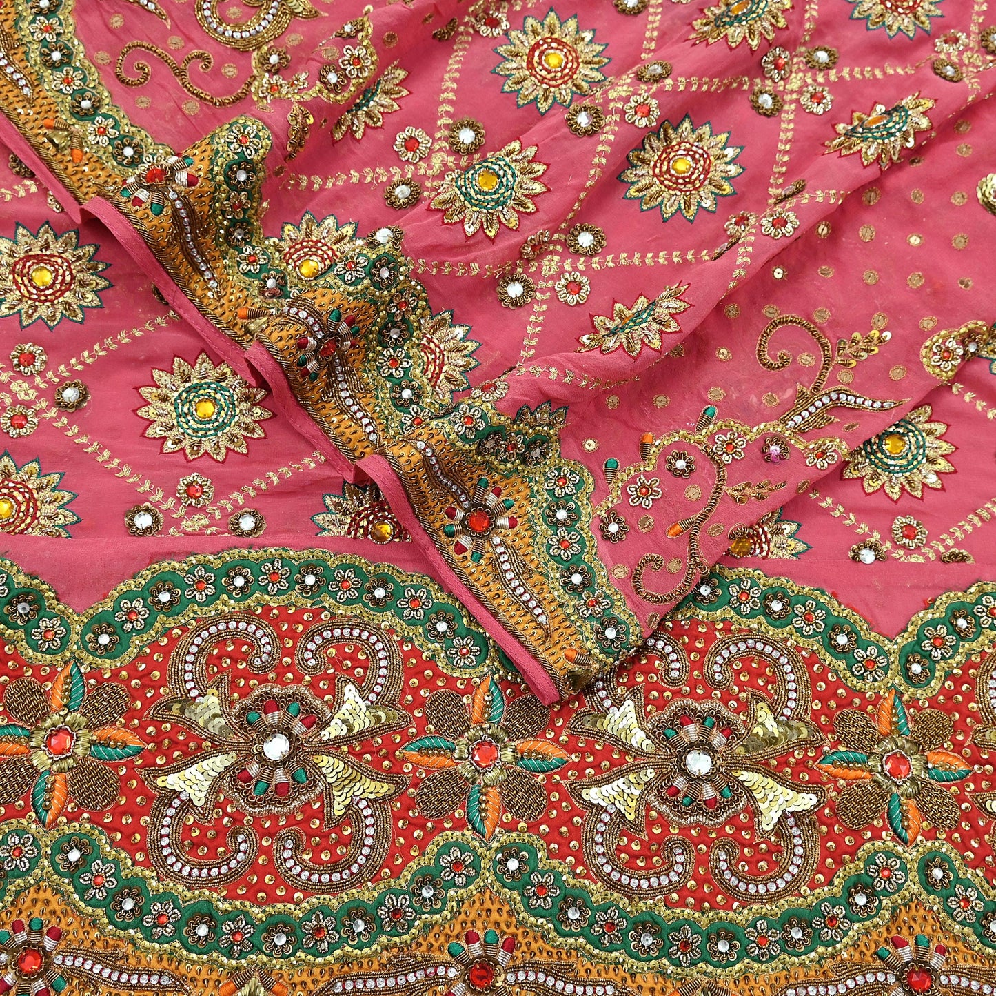 Indian Vintage Heavy Bridal Dupatta Pink Pure Georgette Silk Long Stole Hand Embroidered Scarf Zardozi/Dabka Zari Wedding/Party Dupatta