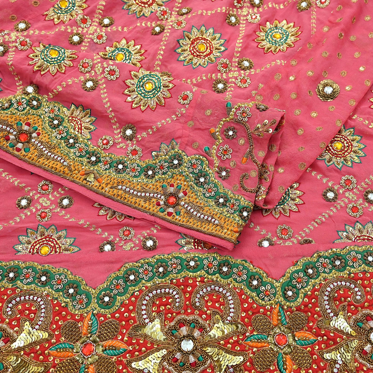 Indian Vintage Heavy Bridal Dupatta Pink Pure Georgette Silk Long Stole Hand Embroidered Scarf Zardozi/Dabka Zari Wedding/Party Dupatta