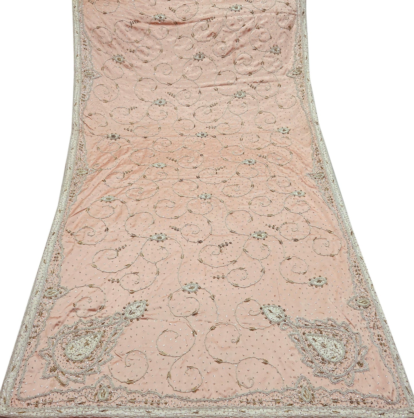 Indian Vintage Heavy Wedding Light Peach Dupatta Pure Satin Silk Long Stole Hand Embroidered Scarves Golden Zardozi Stole