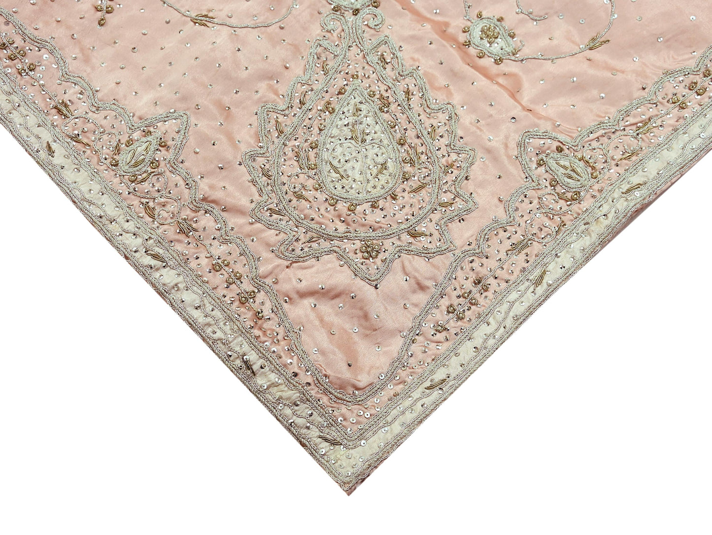 Indian Vintage Heavy Wedding Light Peach Dupatta Pure Satin Silk Long Stole Hand Embroidered Scarves Golden Zardozi Stole
