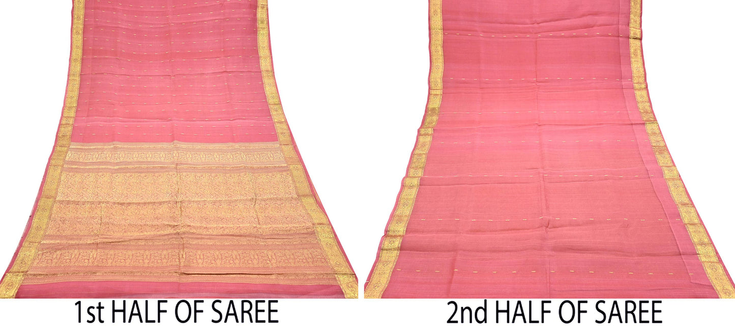 Indian Vintage Sari Pink Pure chanderi Silk Hand Woven Sarees Craft Fabric 5Yd Floral Soft Golden Zari Bollywood Sarees Crafting Upcycle