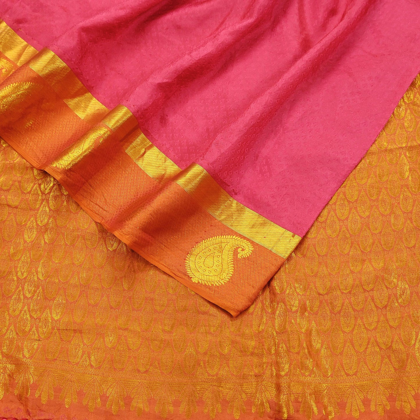 Indian Vintage Heavy Sari Pink & Saffron Kanjivaram Saree 100% Pure Silk Zari 5Yd Crafting Dress making For Crafting Quilting Upcycle