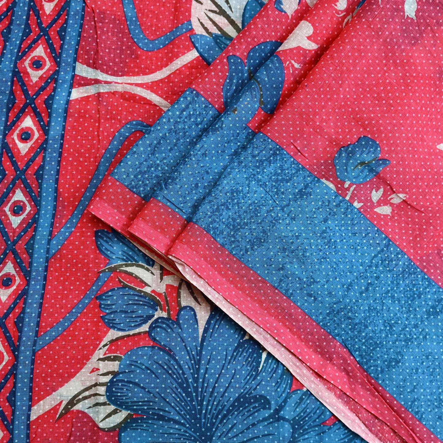 Indian Vintage Sari Blue & Pink Printed Pure Cotton Saree Craft Fabric 5Yd Soft Sewing Sarong Wrap Boho Floral Dress making Crafting