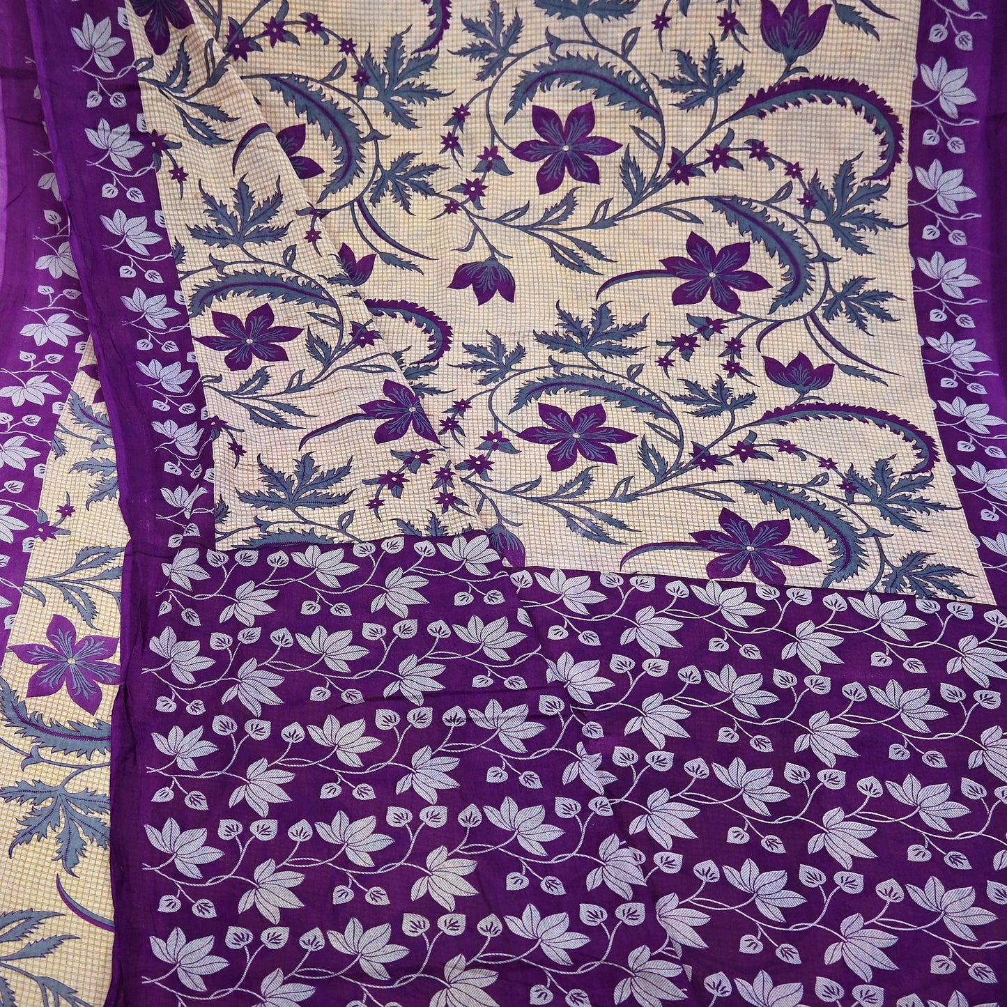 Indian Vintage Sari Beige & Purple Pure Cotton Printed Sarees Craft Fabric Soft 5Yd Sarong Wrap Boho Fabric Kimono Quilting Crafting Upcycle