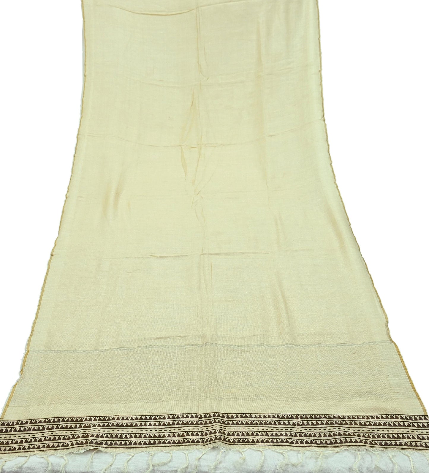 Indian Vintage Beige Dupatta Long Stole Block Print Pure Chanderi Silk Scarves Veil Floral Design Upcycle Party wear hijab Zari Border
