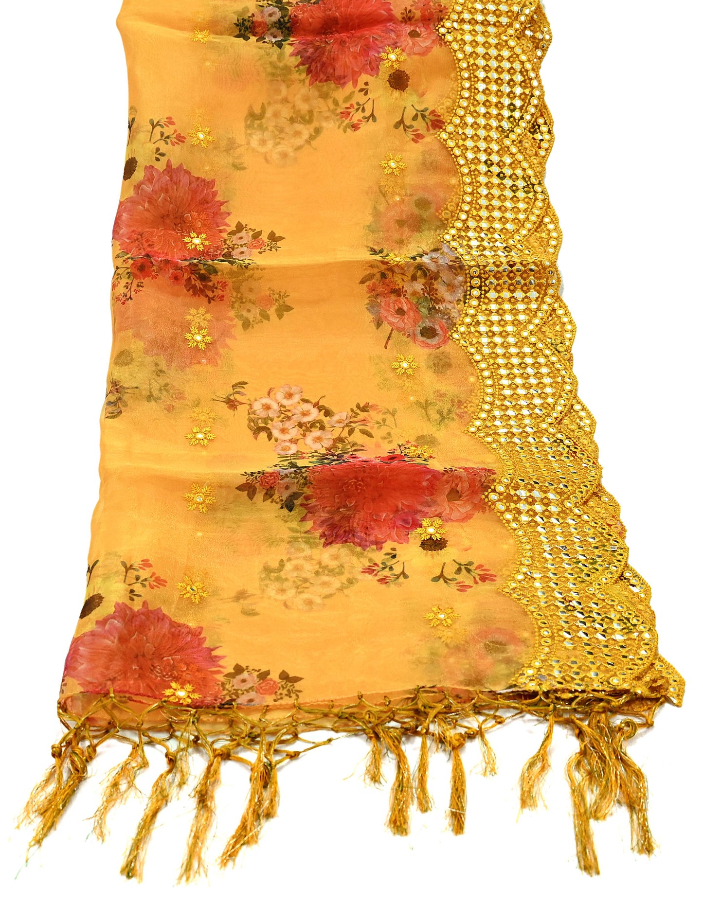 Indian Vintage Dupatta Saffron Long Stole Hand Embroidered Tissue Scarves Veil Mirror Zari Soft Scarf Wrap Boho